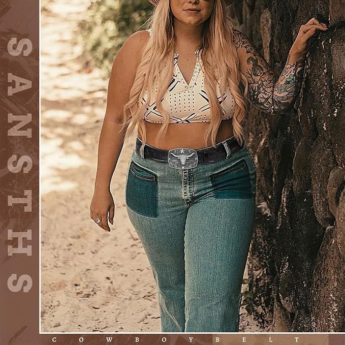 SANSTHS Western Cowboy Belts for Men Women, Mens Western Belt Bull Buckle Country Belt Cowboy Leather Belt for Jeans