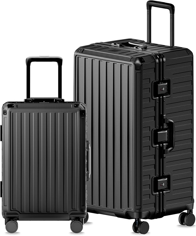 LUGGEX Luggage Sets with Spinner Wheels, 8010S Aluminum Frame Zipperless Polycarbonate Hard Shell Suitcase Sets (ZX-Core, Black, 2 Piece (21/30))