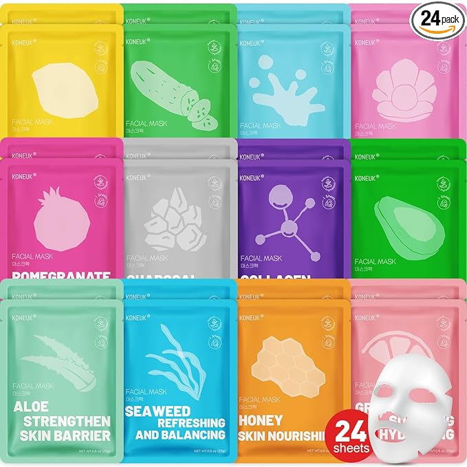 KONEUK 24 Pack Sheet Hydrating Face Masks Skincare, Soothing & Moisturizing Face Mask for All Skin Types, Bulk Collagen Face Mask for Women Skin Care, Facial Masks Set Spa Gifts for Women