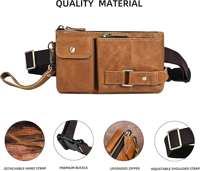 Water Resistant Canvas + Leather Hiking Riding Travel Fanny Waist Pack Small Phone Pouch For Men Women FB811-29 (100% Leather-The 8135 Light Brown)