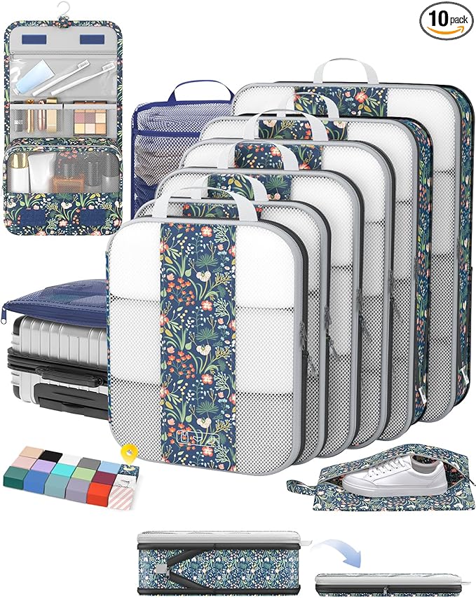 10 Set Compression Packing Cubes for Travel Essentials,Compressible Expandable Packing Cubes for Suitcase,OlarHike Luggage Garment Bags for Travel,Handy Helper for Organizing Clothes(Dark Blue Floral)