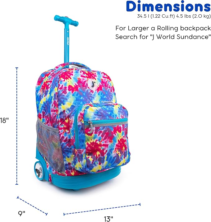 J World Sunrise Kids Rolling Backpack for Girls Boys. Roller Bookbag With Wheels For School, Tie Dye