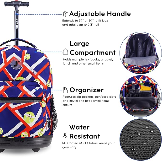 J World Sunrise Kids Rolling Backpack for Girls Boys. Roller Bookbag With Wheels For School, Tennisy