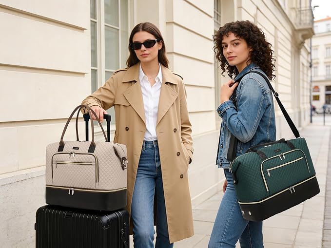 Weekender Bags for Women Travel, Under Seat Carry On Bags for Airplanes Overnight Bag with Shoe Compartment Luggage Sleeve, Foldie Travel Tote Bag Hospital Bag, Travel Gifts, Nude Black