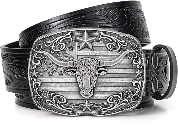 SANSTHS Western Cowboy Belts for Men Women, Mens Western Belt Bull Buckle Country Belt Cowboy Leather Belt for Jeans