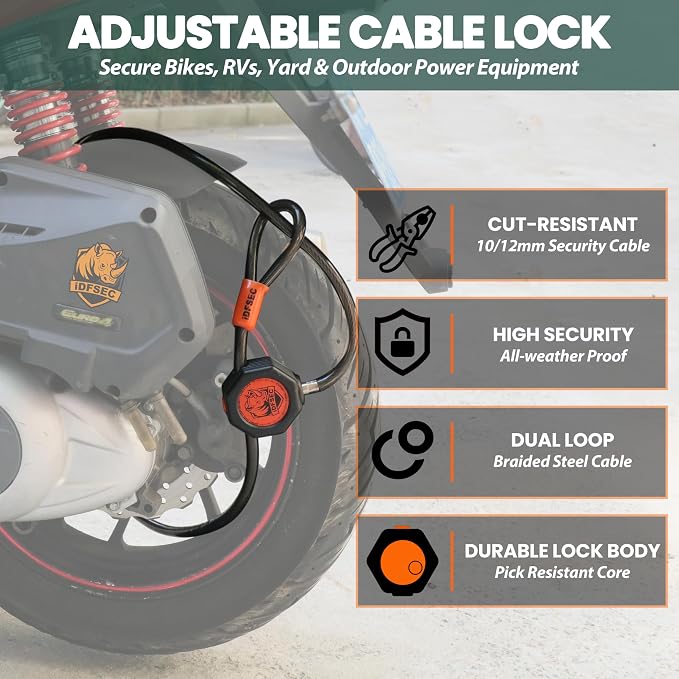 Heavy Duty Adjustable Cable Lock - 5' x 1/2" Security Cable with Dual Cinch, 4 Keys, All-Weather Protection for Bikes, Scooters, ATVs, Generators, Ladders, Tools & Outdoor Equipment