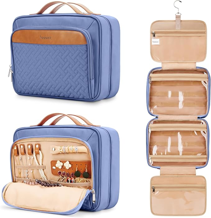 COOSKY Travel Hanging Toiletry Bag for Women, Cruise Ship Essentials, with Jewelry Organizer, Extra Large Makeup Dopp Kit, Waterproof Cosmetic Bags, Toiletries Kit Set with Trolley Belt, Blue