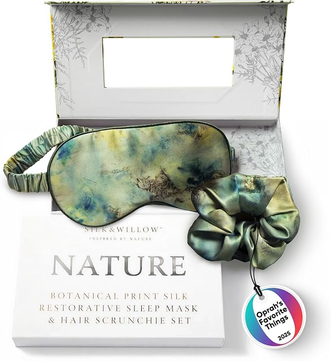 SILK & WILLOW - Botanical Print Pure Mulberry Silk Eye Mask & Scrunchie Gift Set, Luxurious Sleep Eye Mask & Hair Accessory Bundle, Durable Nature-Considerate Wellness Gifts for Women, Seascape