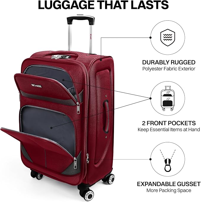 3-Piece Softside Expandable Luggage Set with Front Open Pocket,Lightweight Durable Suitcase Sets Double Spinner Wheels & w/LOCK（Burgundy-Grey,20in/24in/28in）