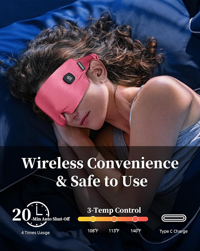 Heated Eye Mask for Dry Eyes - Silk Cordless Warm Eye Compress Moist Heat, Eye Heating Pad for Stye Treatment, Tired Eyes, Sleep, Travel, Washable, Rechargeable, Pink
