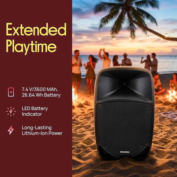 1200W Portable Bluetooth PA Speaker - 12’’ Subwoofer, LED Battery Indicator Lights w/Built-in Rechargeable Battery, MP3/USB/SD Card Reader, and UHF Wireless Microphone - Pyle PSBT125A