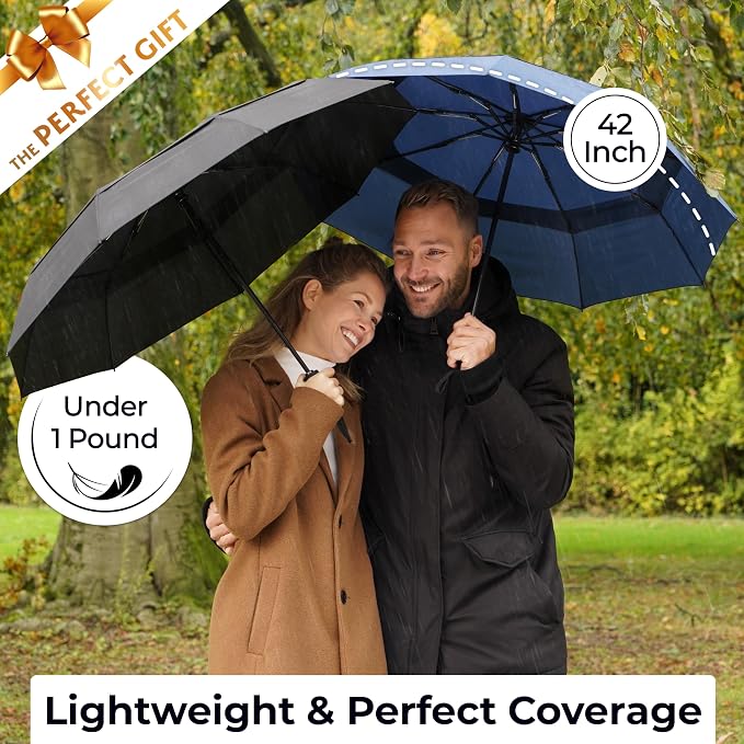 TUMELLA Strongest Windproof Travel Umbrella (Compact, 100MPH Wind-Tested), Light, Portable, One-Handed Use, Automatic Folding Rain Umbrella, Durable, Premium Grip, Fits Car & Backpack