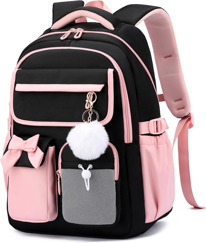 Girls Backpack School Bags Kids Elementary School Backpack for Girls Teens Cute Childrens Bookbags Casual Back Packs, Black Pink