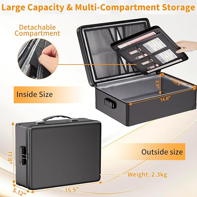 DocSafe Fireproof Document Box with Lock - 12 Layers Heat Insulated, Black | File Organizer Hard Case Safe Box with Fireproof Zipper, Home Safe Protects Important Documents, Passport, Cash