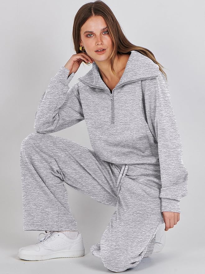 ANRABESS Women’s 2 Piece Outfits Half Zip Sweatshirt & Wide Leg Pants Airport Travel Lounge Matching Sets Sweatsuits Clothing