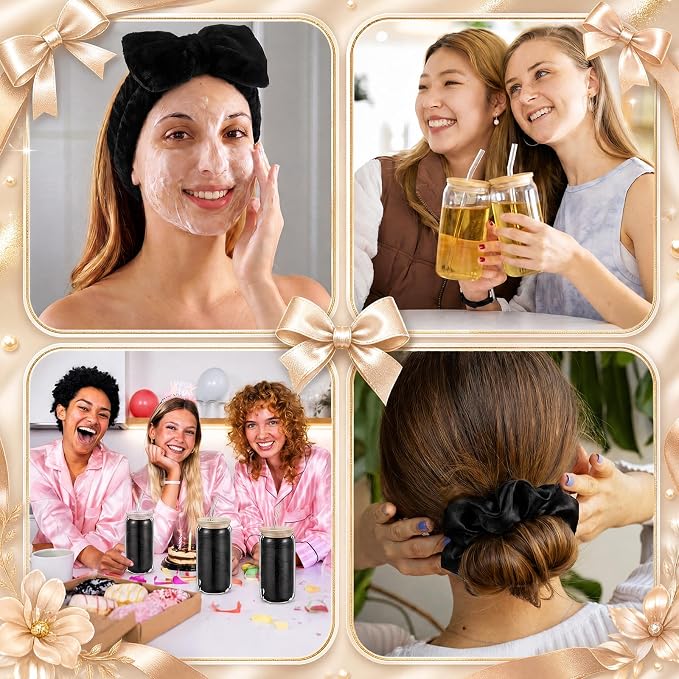 37 Pcs Party Supplies for Girls, 6 Kit Girls Birthday Gifts Including Glass Cups, Hairbands, Sleep Eye Mask, Headband, Brush, Tote Bags with Ribbon for Women Black Spa Sleepover Party Favor