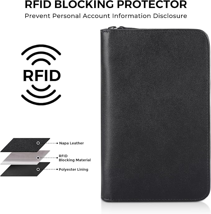 Polare Full Grain Leather Passport Holder Cover Case for Men RFID Blocking Travel Wallet Holds 4 Passports (Black with AirTag Slot)