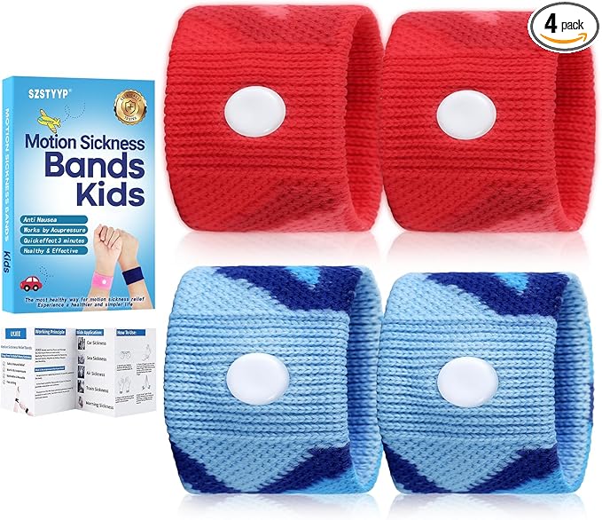 Motion Sickness Bands for Kids Cruise Travel Essentials Anti-Nausea Acupressure Wristband for Car Sea Sickness Wristbands for Kids-2 Pairs Camo Blue&Red