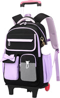 School Backpack with Wheels for Girls Wheeled Bookbags Kids Rolling Backpack for Girls Trolley School Bag, Black Purple 2 Wheels