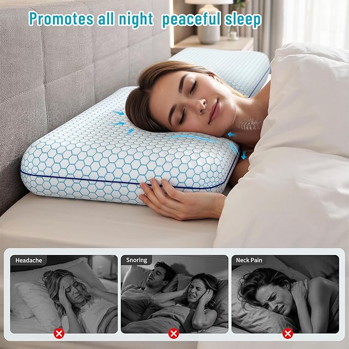 CushyOasis Memory Foam Pillows for Side, Back and Stomach Sleepers, Set of 2, Bed Pillow with Washable Cover and Breathable Mesh, Bed Pillow for Sleeping (Blue，King Size)