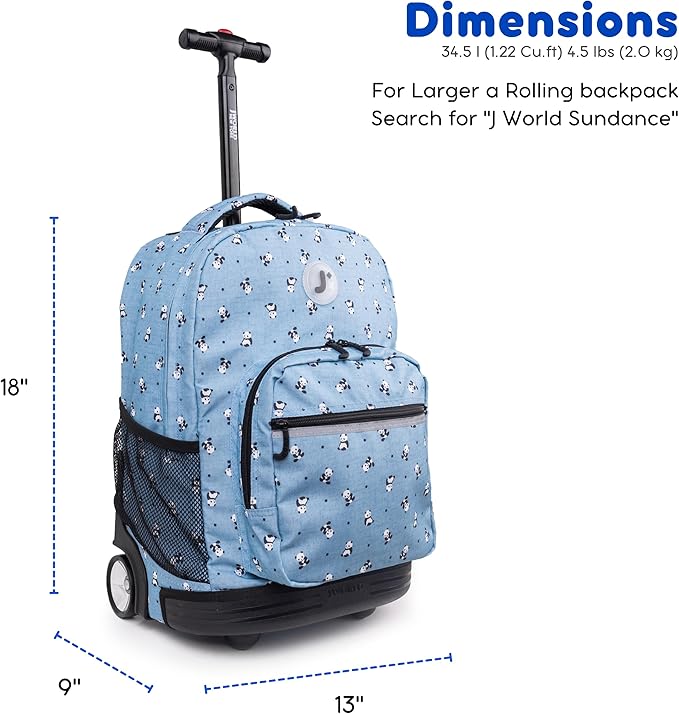 J World Sunrise Kids Rolling Backpack for Girls Boys. Roller Bookbag With Wheels For School, Panda