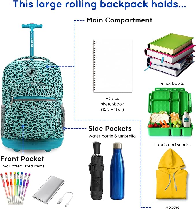 J World Sunrise Kids Rolling Backpack for Girls Boys. Roller Bookbag With Wheels For School, Mint Leopard