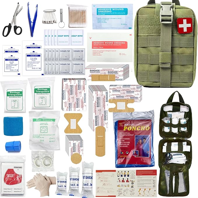 293Pcs/set - First Aid Kit Molle Pouches Emergency Survival Kit Suitable for Outdoor Activities, Home, School, Hiking, Car Travel and Camping - Quick Response First Aid Essentials (Olive Green)