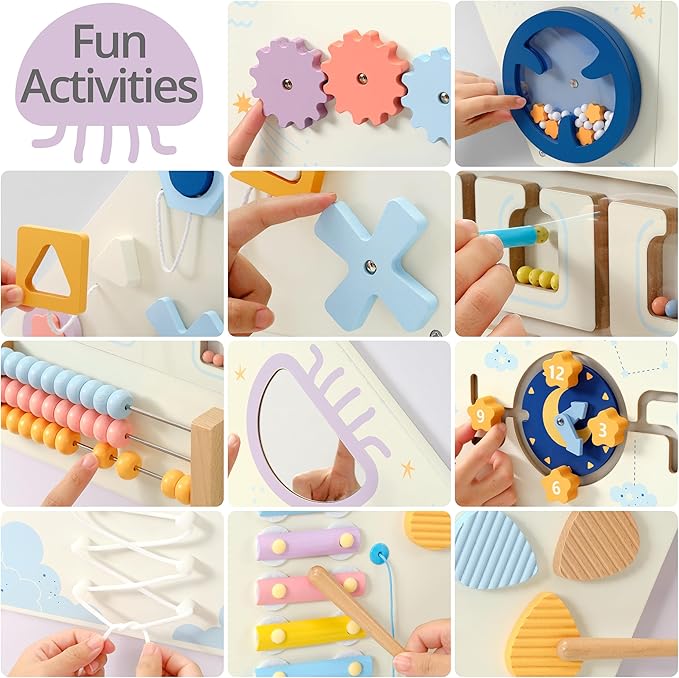 Pillowhale Tangram Activity Wall Busy Board Panels | 12-in-1 Learning Activity Center, Wooden Montessori Sensory Toys for Toddler Playroom, Nursery, Daycare, Classroom
