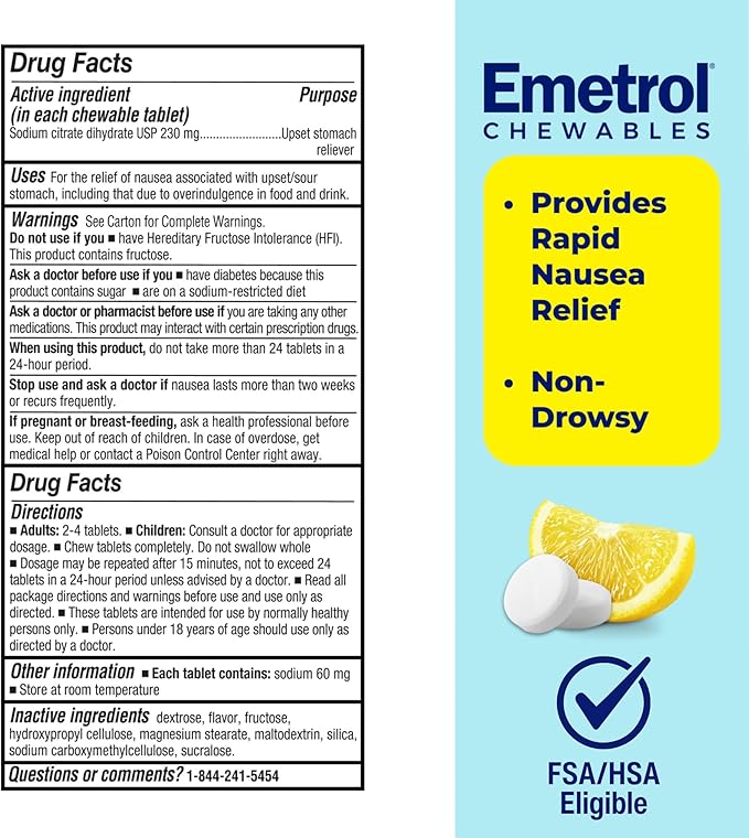 Emetrol Non-Drowsy Nausea Relief - Chewable Medicine for Upset Stomach - Pharmacist Recommended Nausea Relief - Lemon Flavor, 42 Tablets