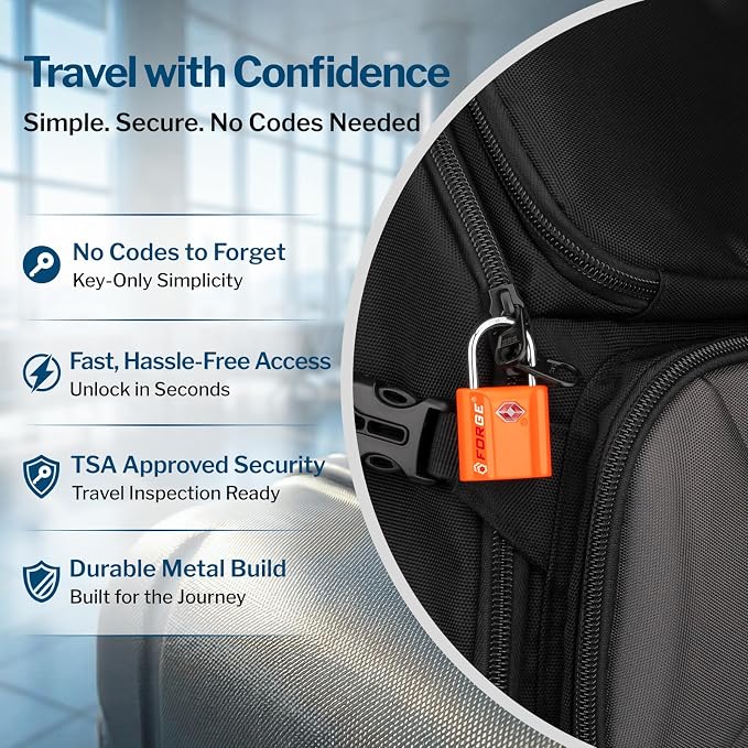 Forge TSA Approved Luggage Locks: Ultra Secure Dimple Key Travel Locks with Zinc Alloy Body, for Luggage, Travel Cases, Backpacks Orange 2PK.