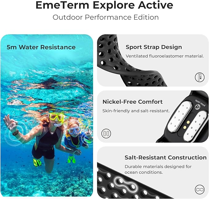 EmeTerm Explore Active FDA-Cleared Anti-Nausea Wristband Nickel-free 5m Dive Ready Motion Sickness Relief Band Non-drowsy Drug-Free Rechargeable Fluoroelastomer Strap for Salt-water Resistance (Black)