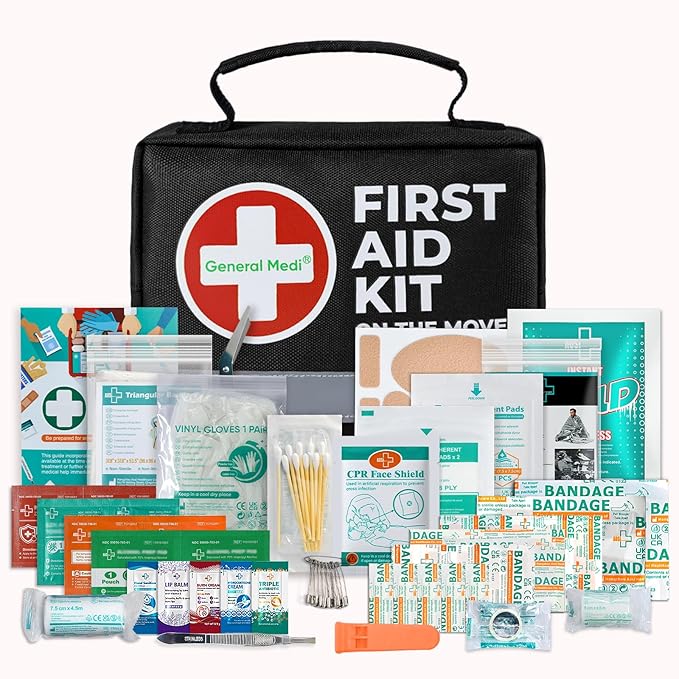 General Medi First Aid Kit - 150 Pieces Small Compact First Aid Kit Bag - Includes Instant Cold Pack, Emergency Blanket for Travel, Home, Office, Vehicle, Camping