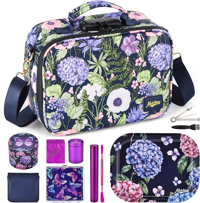 Storage Bag with Combination Lock and 10 Accessories, Travel Medicine Storage Lock Box, Carbon Lined Sling Pouch, Cosmetic Organizer Container Case, Women, Purple
