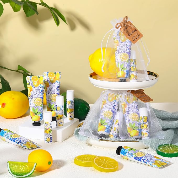 48 Set Capri Lemon Party Favors Bulk Italian Lemon Hand Cream and Lip Balm Gifts for Bridal Baby Shower Party Travel Size Lemonade Hand Lotion Lip Balm Set with Bag Tag for Guest Gender Reveal