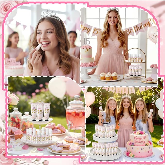 Leelosp 50 Pcs/25 Sets Quinceanera Party Favor Gifts for Guests 15th Thank You Gifts Girl Pink Hand Cream and Lip Balm Sweet 15th Birthday Party Favors for Guests