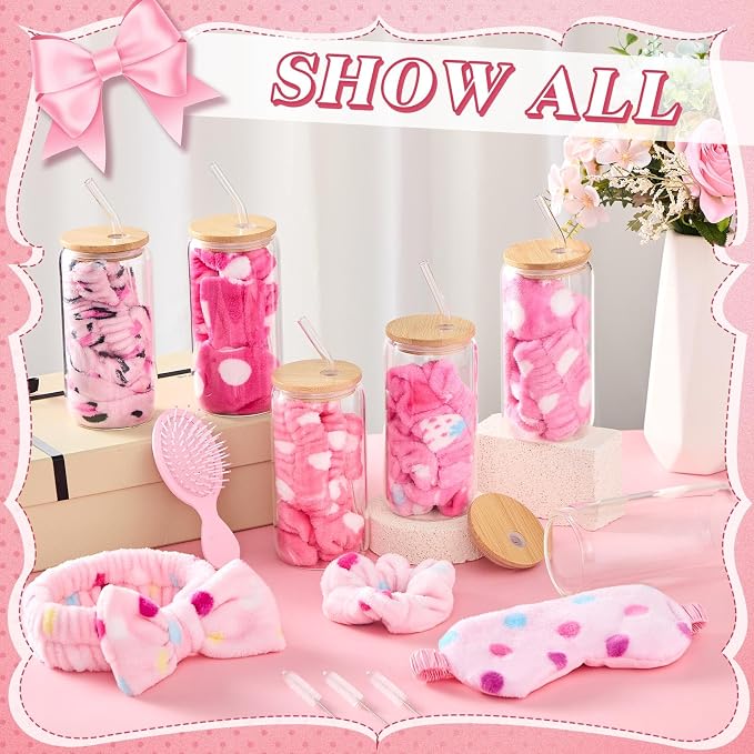 37 Pcs Spa Sleepover Party Supplies for Girls, 6 Set Spa Party Favors, Include Cups, Hairbands, Sleep Eye Mask, Headband, Brush, Tote Bags with Ribbon for Pink Sleepover Birthday Favors