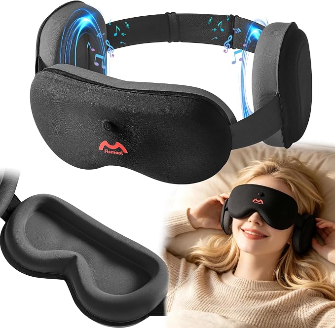 Bluetooth Sleep Mask with White Noise, Bluetooth 5.4 Sleep Headphones Eye Mask, 100% Blackout Sleep Mask, Voice Control, Soft Earmuffs, Comfortable for Travel, Meditation & Side Sleepers