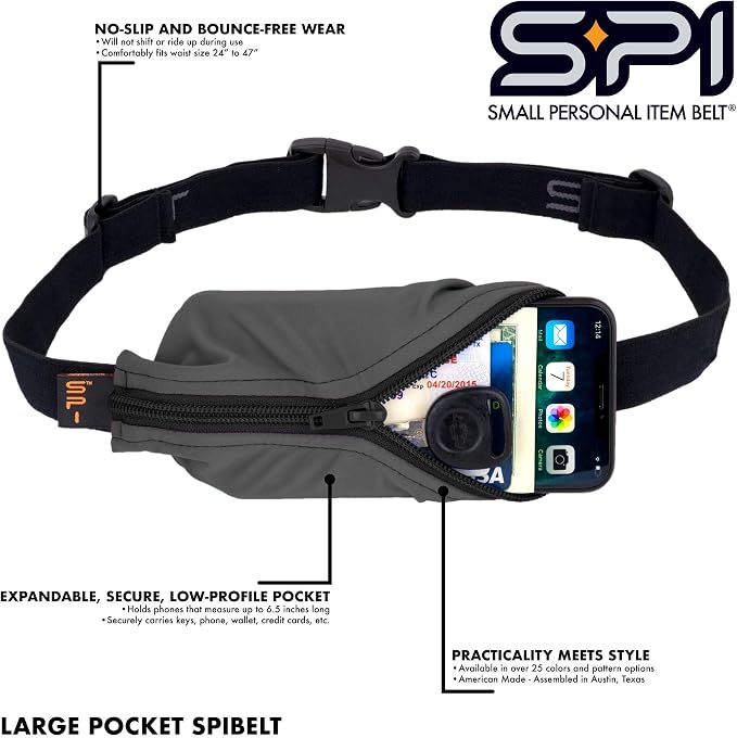 SPIbelt Running Belt Original for Women Men, Phone Holder for Running, Running Fanny Pack, Holder for Phone, Running Waist Pack, Adjustable Waist, [Fits All Phones]. Black with Blue Zipper
