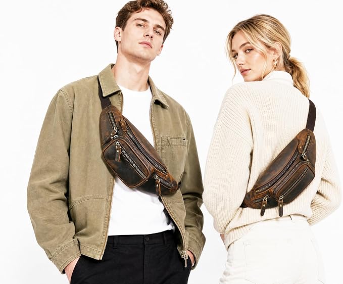 Water Resistant Canvas + Leather Hiking Riding Travel Fanny Waist Pack Small Phone Pouch For Men Women FB811-29 (Dark Brown-346)