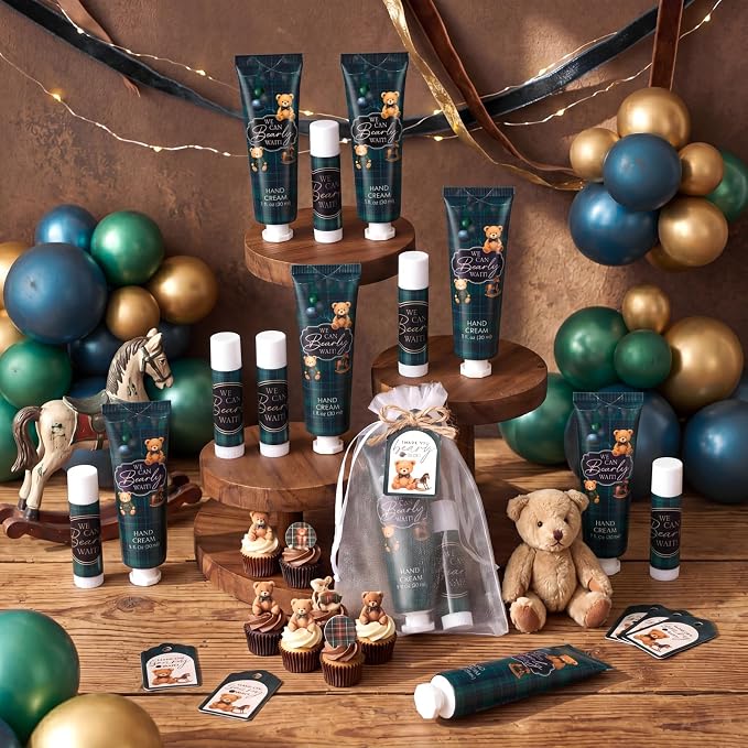 Lounsweer 24 Sets Green Blue Tartan Plaid Bear Baby Boy Gift Set Travel Size Hand Cream & Lip Balm, Baby Shower Party Favors, Tartan Theme Party Supplies for Guests