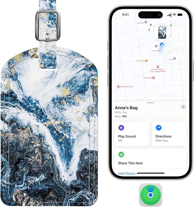 Luggage Tags Built-in Anti-Loss Tracker, Luxury Leather Luggage Tags for Suitcase, Travel Bags, Backpacks, Travel Organizer for Lost Baggage Prevention (Marble Texture)