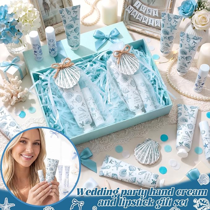 24 Sets Bow Seashells Themed Hand Cream and Lip Balm Gift Seashells and Wedding Bells Favors Bridal Shower Party Favors for Guest Travel Size Bulk Ocean Coastal Summer Baby Shower Party Supplies