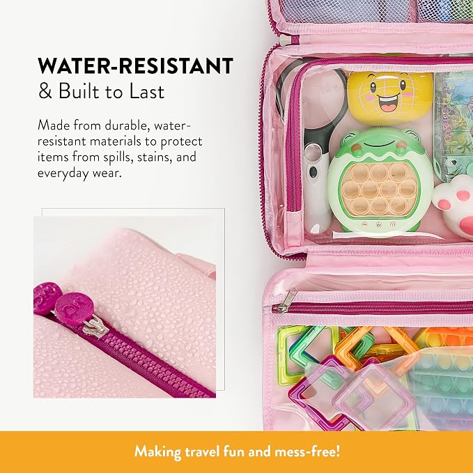 Kids Travel Organizer – Multi-Compartment, Water-Resistant Hanging Bag for Toys, Snacks, & Activities - Compact, Lightweight Design with Hook & Carry Handle - Perfect for Travel Use (Pink, Large)