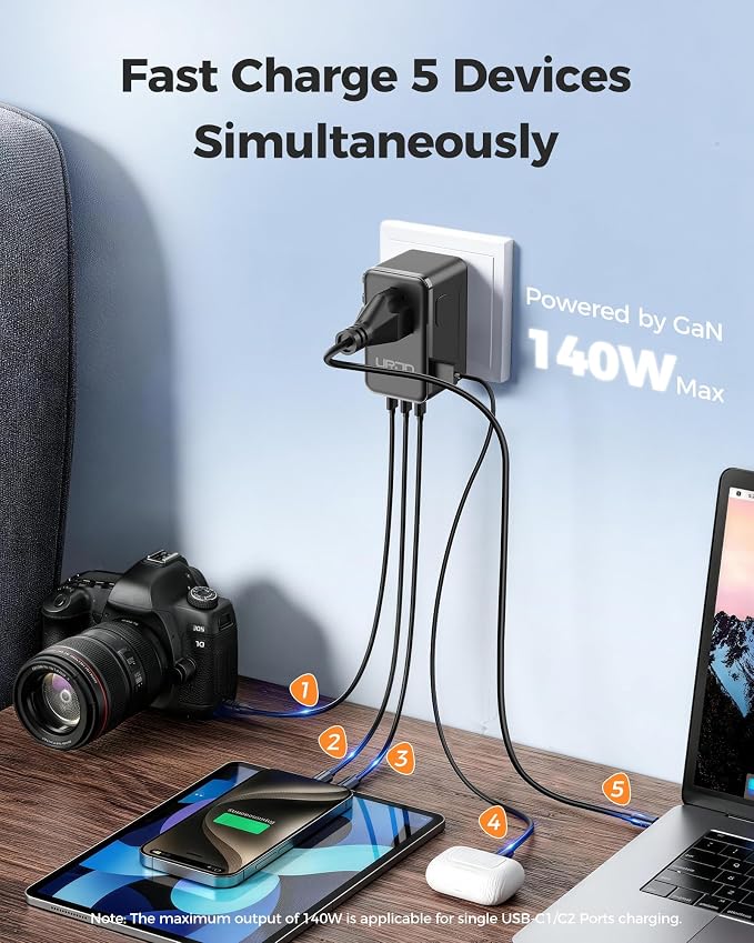 140W Max GaN Universal Travel Adapter, 3 USB C 1 USB A & 2500W AC Outlet, International Power Adapter for EU UK US AU 200+ Countries, Fast Charger Compatible with MacBook, iPhone, Laptop and More