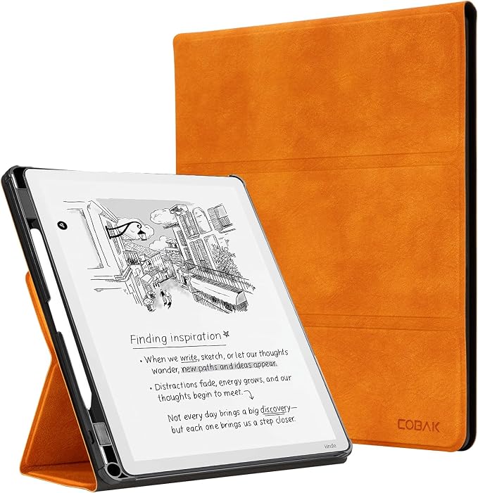 CoBak Case for 11" Kindle Scribe 3rd Generation 2025, Kindle Scribe Colorsoft with Two Viewing Angles - All New PU Leather Cover with Auto Sleep Wake, Pen Holder. Orange Crossgrain