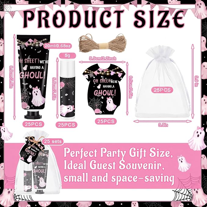 Batiyeer 25 Sets/100 Pcs Halloween Baby Shower Party Favors Bulk We're Having a Ghoul Travel Size Hand Cream and Lip Balm Sets for Halloween Gender Reveal Party Supplies, with Cards Organza Bags