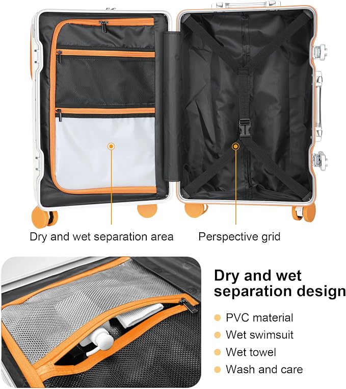 Carry on suitcase Zipperless Luggage,Polycarbonate Aluminum Hard Shell, Expandable Carry-On Suitcase with Spinner Wheels,26 Inch Cabin(orange, 26 inch)