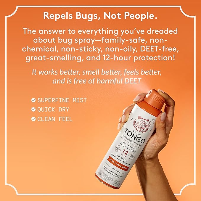 Grand Tongo Citrus + Sandalwood Insect Repellent, 12-Hour Mosquito & Tick Protection, Picaridin-Based, Water-Based, Lightweight, Quick-Drying, Vanishing Scent, DEET Alternative, Face & Body Use,3 Pack
