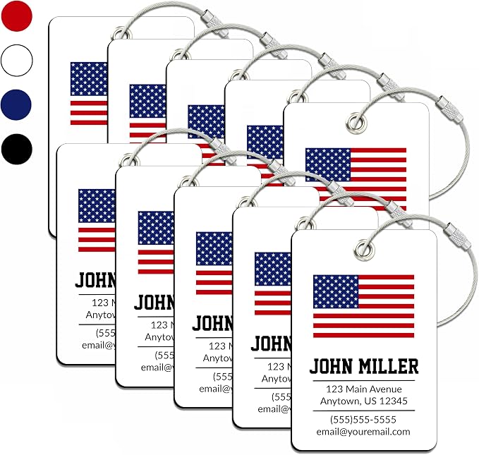 Personalized Luggage Tag with American Flag | 10 Pack | Custom Luggage Tags for Suitcases | Kids Backpack Tag | 4 Color Options & Choose Font, Font Color