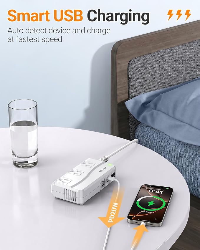 BESTEK 220V to 110V Voltage Converter, 300W Step Down Power Converter with 3 AC Outlets & 4 USB Ports(PD20W), International Travel Voltage Transformer for US Appliances, UK/EU/AU/India Plug Adapters